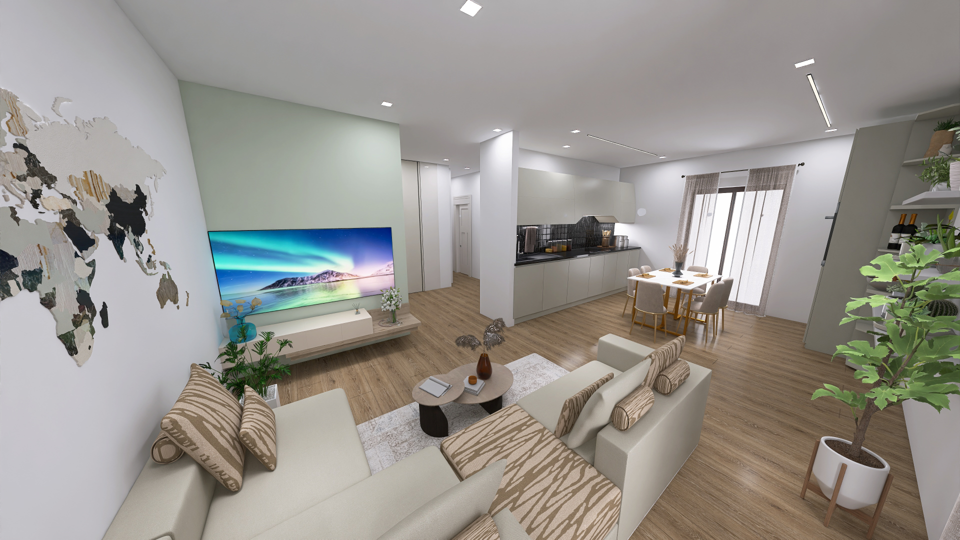 Open space con scala sospesa in legno, cucina color talpa e zona pranzo — progetto di interior design dell'Arch. Francesca Paola Vincenti